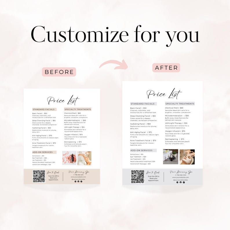 The text at the top reads: customize for you: There is a before and after facials price list template that displays facials price list in two different colors with different photos. This shows the potential customer that the template can easily be edited to their liking.