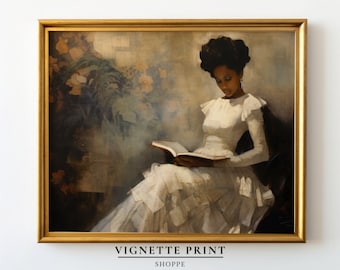 Vintage Female Portrait Reading a Book | Vintage Oil Painting | Printable Art | Black Art