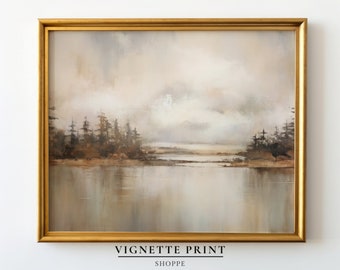 Pintura de lago y árboles / Lago oscuro y cambiante / Arte imprimible / Pintura al óleo antigua vintage / Bellas artes