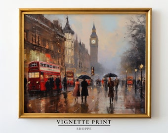Londen regen abstract schilderij | Afdrukbare kunst | Klokkentoren van Londen | Big Ben | Vintage olieverfschilderij | Fijne kunst