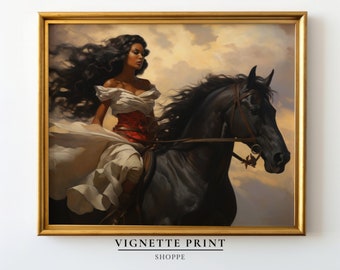May include: A painting of a woman with long dark hair riding a black horse. The woman is wearing a white dress with a red corset. The background is a cloudy sky.