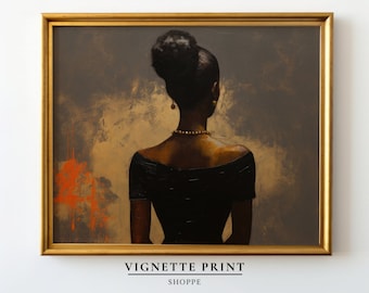May include: A framed painting depicting a woman in a black dress, with her back to the viewer. The woman has dark skin and her hair is styled in a bun. The background is a muted brown with hints of orange.