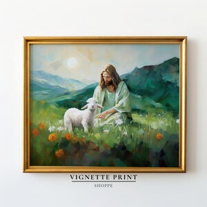 Jesus Leaves the Ninety Nine for the One | Parable of the Lost Sheep | Jesus and Lamb | Printable Art Painting | Christian Art