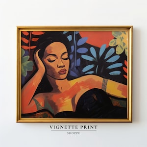 May include: A painting of a woman with closed eyes, resting her head on her hand. She is wearing a black strapless dress and is surrounded by colorful foliage.