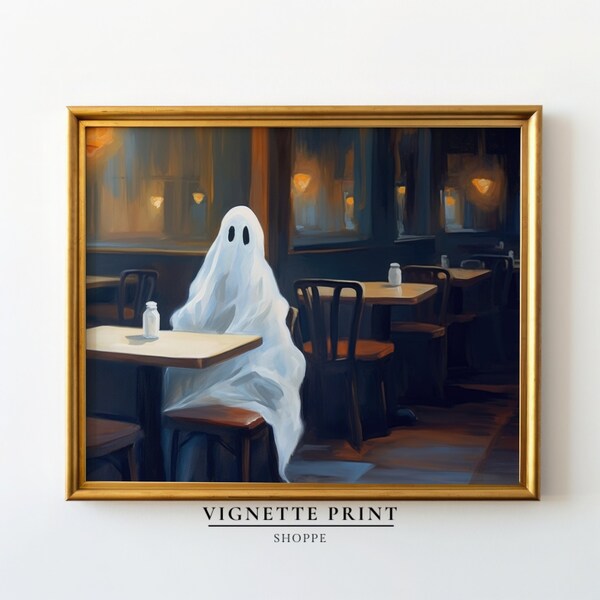 Ghost at Cafe | Ghost at Diner | Pintable Art | Classic Ghost at Restaurant | Gothic Art | Dark Academia | Nostalgia | Halloween Decor