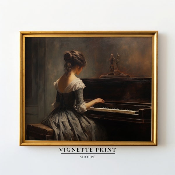 Vintage Painting | Victorina Woman Playing a Piano | Moody Comfortable | Home Decor