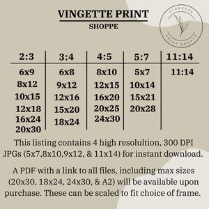 Op de afbeelding: Een tabel met verschillende afdrukformaten voor digitale downloads. De tabel is gelabeld met beeldverhoudingen, zoals 2:3, 3:4, 4:5, 5:7 en 11:14. De tabel geeft verschillende afdrukformaten in inches weer, zoals 6x9, 8x12, 10x15, 12x18, 16x24 en 20x30.