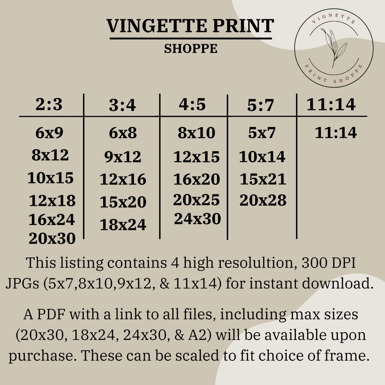 Op de afbeelding: Een tabel met verschillende afdrukformaten voor digitale downloads. De tabel is gelabeld met beeldverhoudingen, zoals 2:3, 3:4, 4:5, 5:7 en 11:14. De tabel geeft verschillende afdrukformaten in inches weer, zoals 6x9, 8x12, 10x15, 12x18, 16x24 en 20x30.