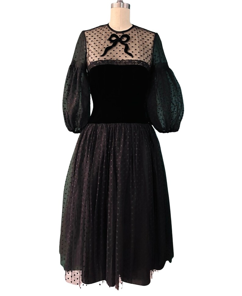 1980s Victor Costa Black Velvet Dress with Lace Illusion Bodice
