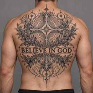 May include: A large black and gray ink tattoo covering the upper back, featuring a central ornate cross surrounded by olive branches, sunburst rays, and clouds. The text BELIEVE IN GOD is centered horizontally across the middle of the design.