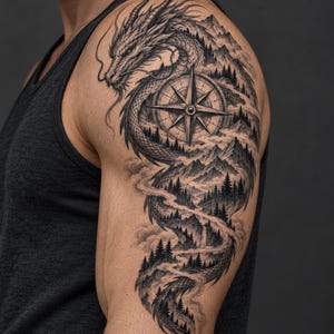 May include: A black and gray tattoo on an upper arm featuring a detailed dragon winding through a landscape of jagged mountains, dense pine forests, and a flowing river. A large, prominent compass rose is integrated into the dragon's body.