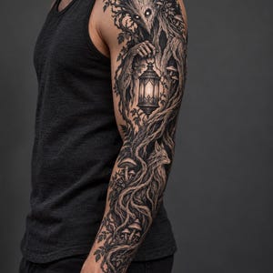 May include: A black and gray tattoo on an arm featuring a tree-like creature holding a glowing lantern. The design includes intricate roots, branches, leaves, mushrooms, a fox, and a forest background, extending from the shoulder to the forearm.
