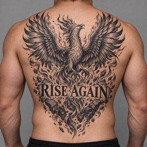 May include: A black and gray tattoo on a back featuring a phoenix with wings spread wide, rising from cracked stone fragments. The text RISE AGAIN is prominently displayed in a bold, serif font across the center of the crumbling rock base.