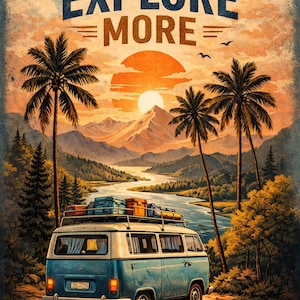 May include: A retro travel poster featuring a blue and white camper van parked on a dirt track. The image includes the text "EXPLORE MORE" above a sunset, palm trees, and a river winding through mountains. Luggage is on the van's roof.