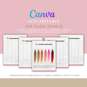 Pode incluir: Um fundo rosa com o logotipo Canva e o texto "Ink Color Swatch". A imagem mostra vários cartões brancos com amostras de cores em tons de castanho, rosa e vermelho. Os cartões são para aprender sobre tons de pigmentos para micropigmentação.