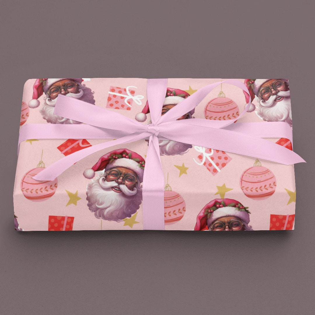 Pink Black Santa Wrapping Paper Black Santa Christmas Paper Black Santa