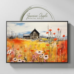 Helle Sommer Wildblumen Landschaft, bunte Landschaft Kunstdruck, bunte Landschaft Kunstdruck, modernes Dekor digitaler Download, Blumen Wandkunst