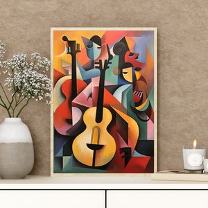 May include: Abstract painting of three figures playing musical instruments. The painting features a mix of bright colors, including red, yellow, blue, green, and pink. The figures are stylized and geometric, and the instruments are depicted in a simplified way.