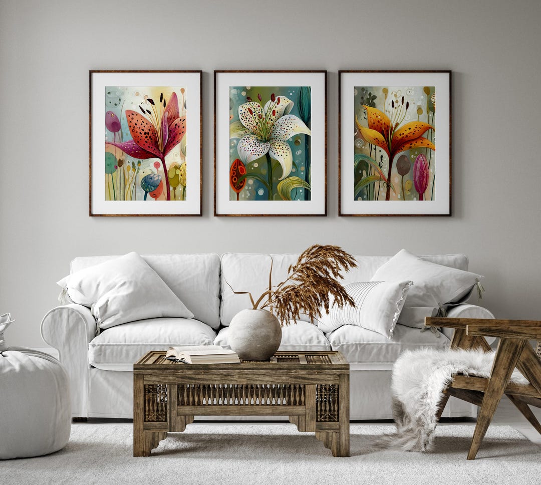 Lily Triptych Wall Art Set of 3, Spring Botanical Print, Easter Floral ...