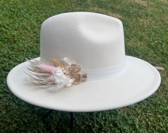 Hat with custom brooch and dried  flowers