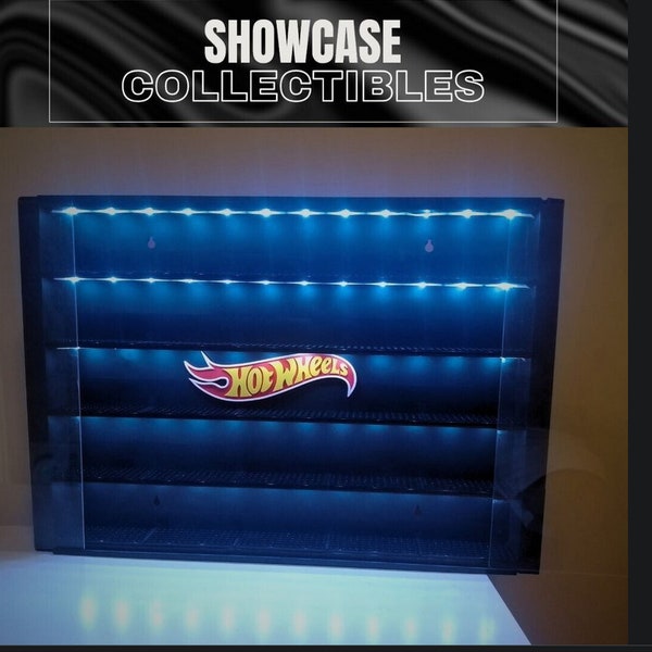 Display Case for Hot Wheels Cars with LED lighting Wall Mountable Sliding Doors 1:64 Scale cars