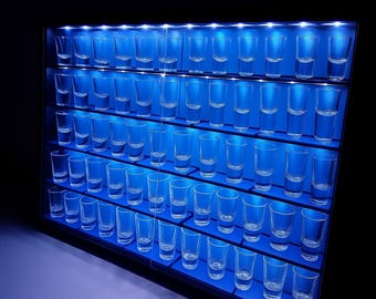 Display Case for Shotglass with LED lighting Wall Mountable Sliding Doors Shot Glasses - PICK your color
