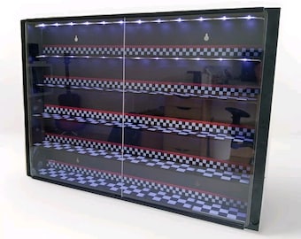 Display Case for 64 Scale Cars w LED lighting Wall Mountable Sliding Doors Checker Plate MiniGT Inno64 Matchbox Greenlight Tomica Hot Wheels