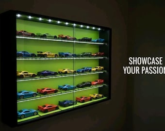 Display Case for Hot Wheels Matchbox Toy Cars with LED lighting Wall Mountable Sliding Doors 1:64 Scale Cars Garage PICK your COLOR