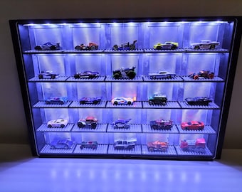 Display Case for Hot Wheels Matchbox Toy Cars with LED lighting Wall Mountable Sliding Doors 1:64 Scale Cars Garage