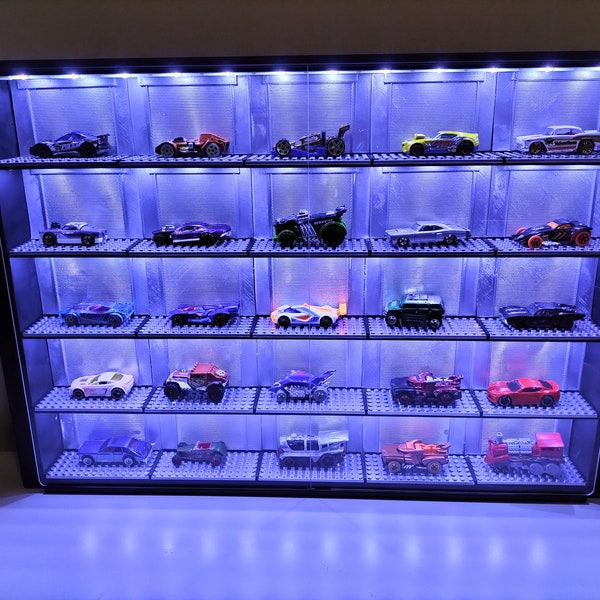 Display Case for Hot Wheels Matchbox Toy Cars with LED lighting Wall Mountable Sliding Doors 1:64 Scale Cars Garage