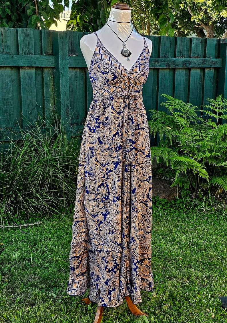 Gold Sari Silk Bohemian Maxi Dress, Adjustable fits S/M/L 8/10/12 zdjęcie 2