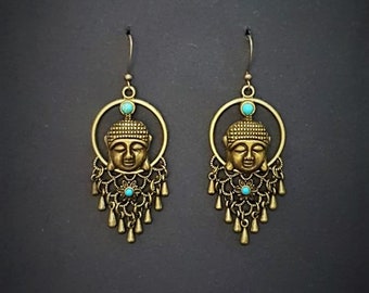 Bronze Turquoise Buddha Zen Meditation Earrings