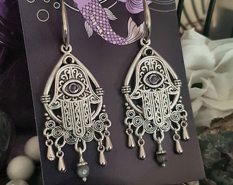 Hand of Fatima Hamsa Earrings with Natural Onyx, Amethyst and Labradorite