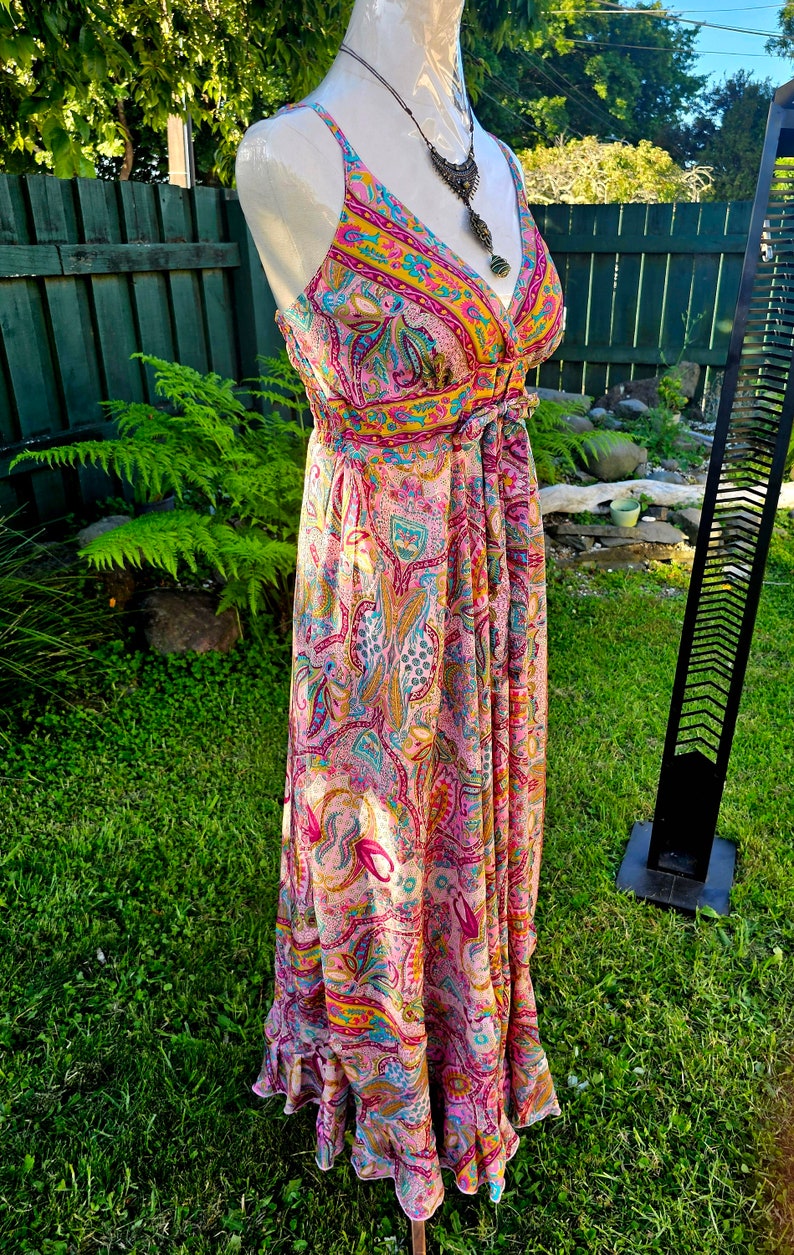 Pink Sari Silk Boho Maxi Dress Adjustable Size fits S/M/L 8/10/12 zdjęcie 2