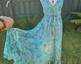 Aqua Sari Silk Long Boho Maxi Dress - Adjustable Size fits S/M/L - 8/10/12