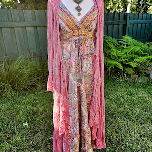 Pink Sari Silk Boho Maxi Dress Adjustable Size fits S/M/L 8/10/12 zdjęcie 6