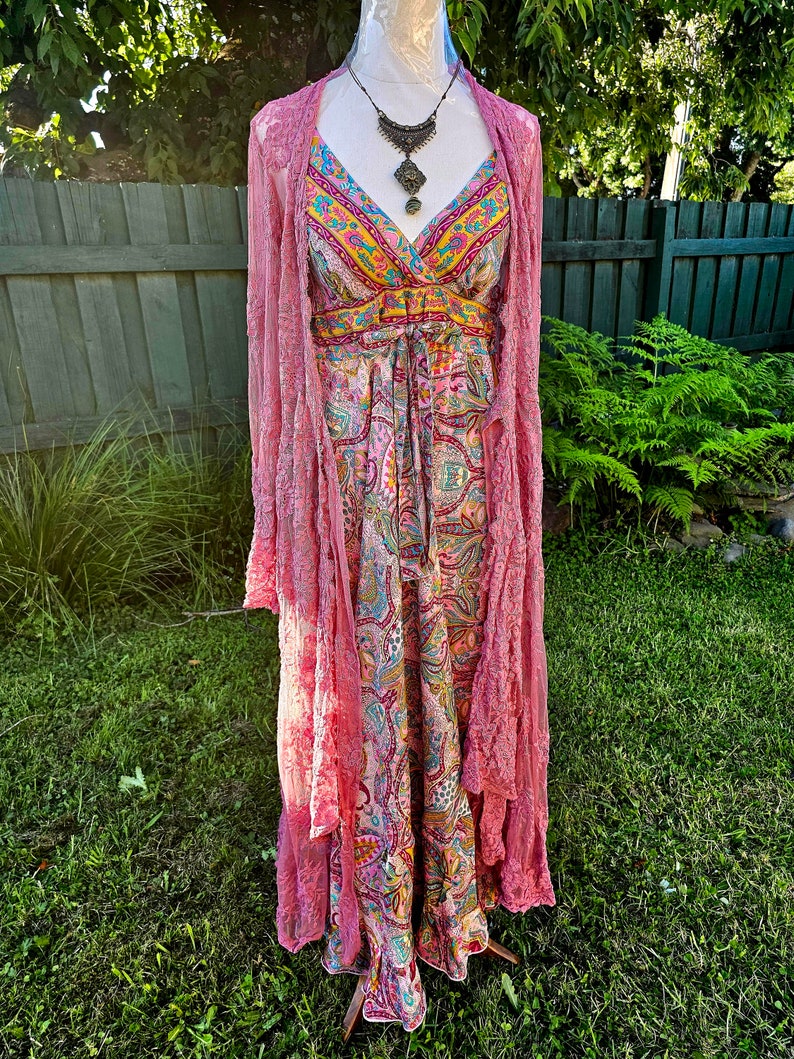 Pink Sari Silk Boho Maxi Dress Adjustable Size fits S/M/L 8/10/12 zdjęcie 6