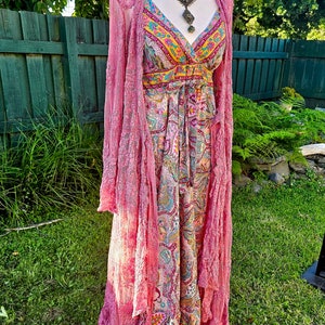 Pink Sari Silk Boho Maxi Dress Adjustable Size fits S/M/L 8/10/12 zdjęcie 5