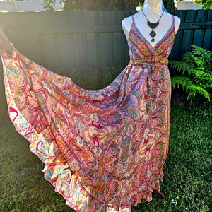 Pink Sari Silk Boho Maxi Dress Adjustable Size fits S/M/L 8/10/12 zdjęcie 1