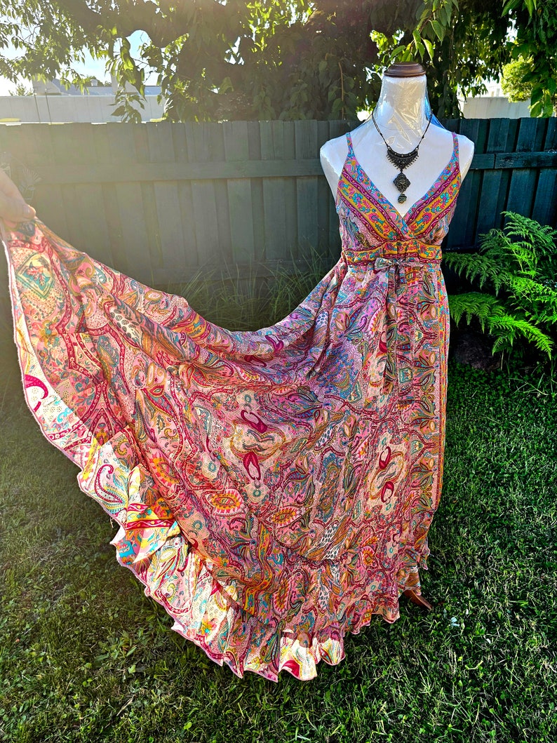 Pink Sari Silk Boho Maxi Dress Adjustable Size fits S/M/L 8/10/12 zdjęcie 1