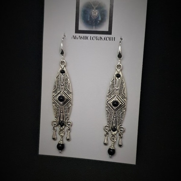 Silver Onyx Mandorla Symbolic Bohemian Tribal Earrings