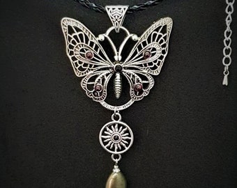 Natural Pyrite, Garnet and Onyx Butterfly Mantra Necklace