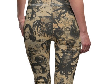 Horror Leggings | Skull Leggings Women&#39;s Cut & Sew Casual Leggings Goth | Goth Leggings | Witchy Leggings | Celestial Astrological