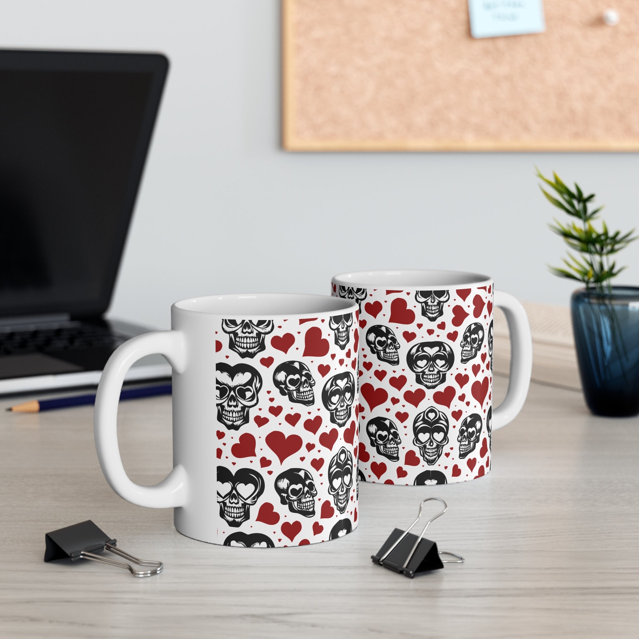 Heart Skulls Coffee Mug 11oz – Gothic Valentine’s Gift, Unique Skull Heart Design, Perfect Goth Valentine Mug