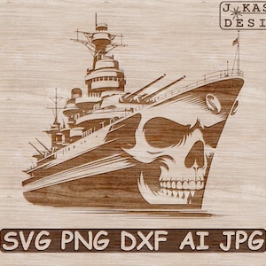 Skull Navy SVG | Skull Battleship PNG Cut Files | Warship Design for Cricut | Navy Decor Design | Laser Cut Navy Design Dxf