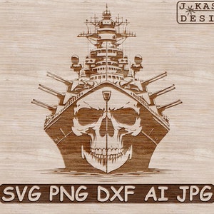 Skull Navy SVG | Skull Battleship PNG Cut Files | Warship Design for Cricut | Navy Decor Design | Laser Cut Navy Design Dxf