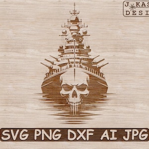 Skull Navy SVG | Skull Battleship PNG Cut Files | Warship Design for Cricut | Navy Decor Design | Laser Cut Navy Design Dxf