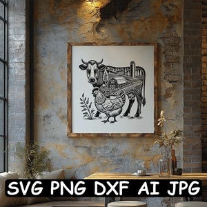 Puede incluir: Ilustraci&oacute;n en blanco y negro de una vaca y una gallina en un entorno de granja. La vaca est&aacute; de pie y la gallina est&aacute; posada en un poste de la cerca. La ilustraci&oacute;n es de estilo r&uacute;stico e incluye un granero, un silo y otros edificios de granja.