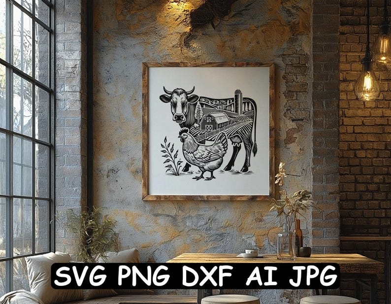 Puede incluir: Ilustraci&oacute;n en blanco y negro de una vaca y una gallina en un entorno de granja. La vaca est&aacute; de pie y la gallina est&aacute; posada en un poste de la cerca. La ilustraci&oacute;n es de estilo r&uacute;stico e incluye un granero, un silo y otros edificios de granja.