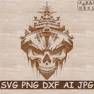 Skull Navy SVG | Skull Battleship PNG Cut Files | Warship Design for Cricut | Navy Decor Design | Laser Cut Navy Design Dxf